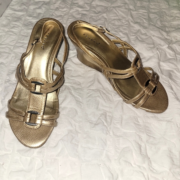 Pesaro Gold Strappy Wedge Heels 9 - Picture 2 of 10